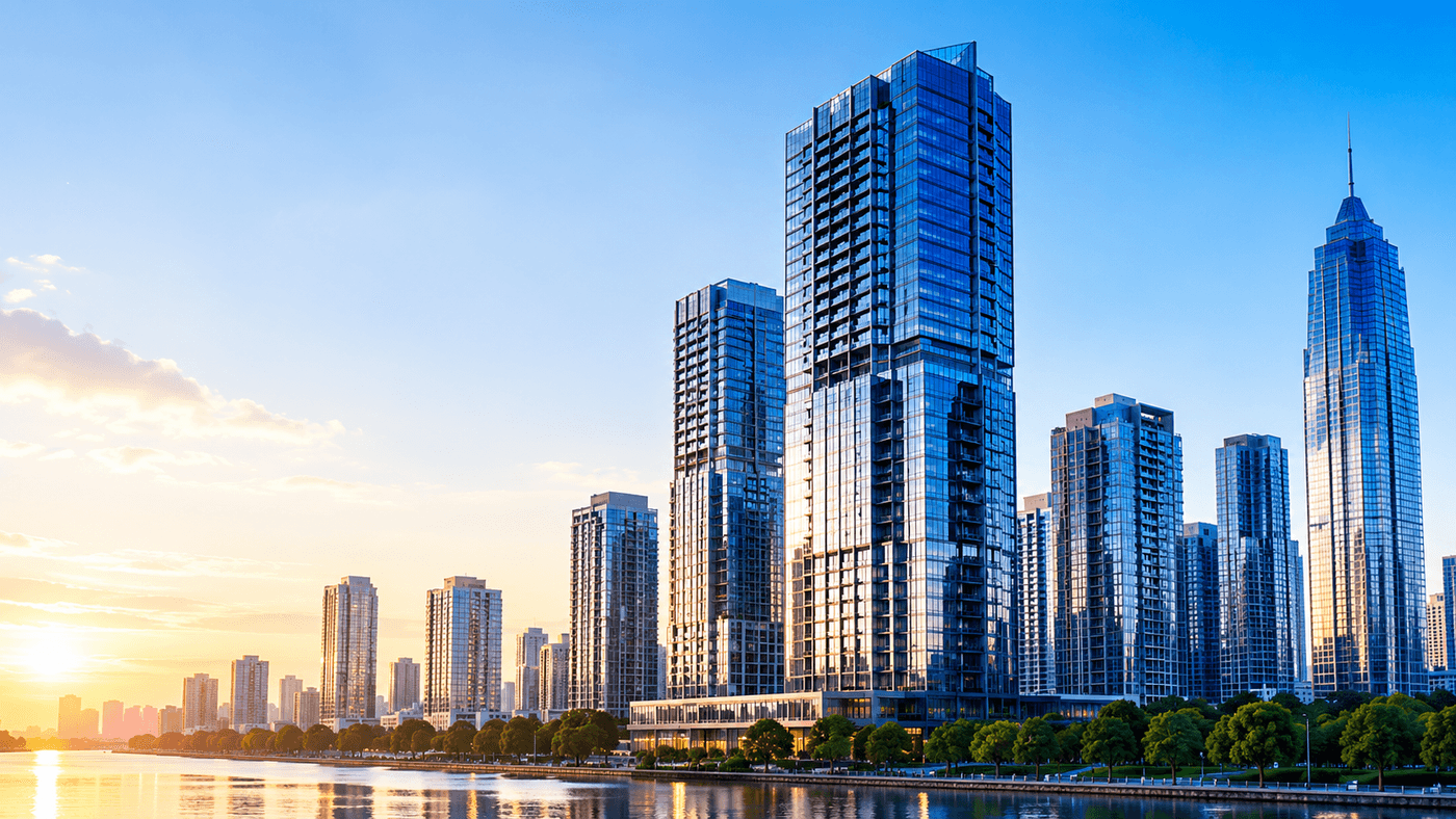 Modern city skyline at sunset
