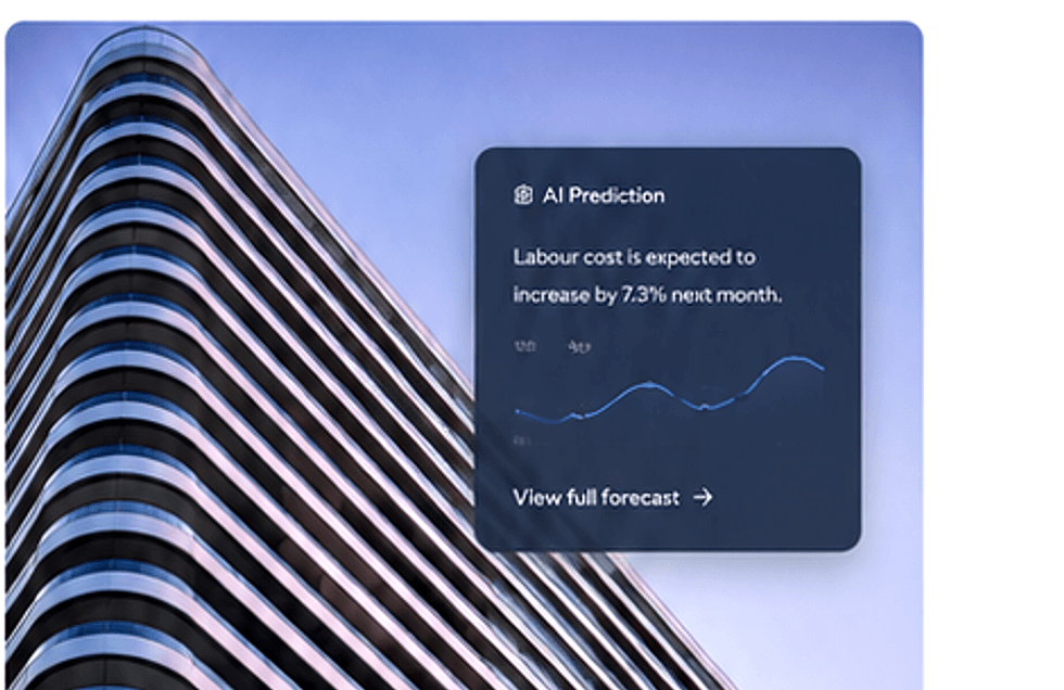 AI prediction card over a modern corporate tower