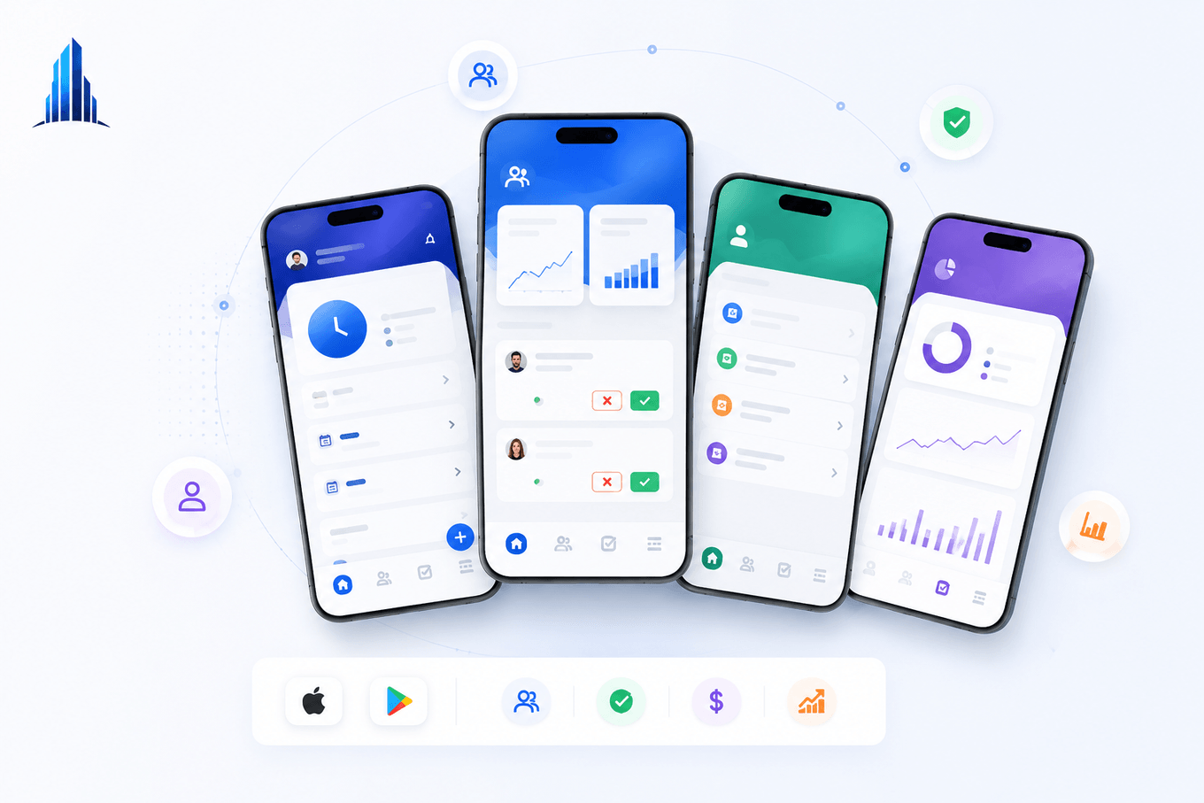 Four Real Towers mobile app mockups for employee, manager, HR and executive experiences
